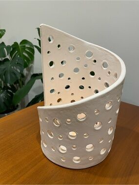 White Ceramic Perforated Accent Candle Holder Contemporary Home Decor